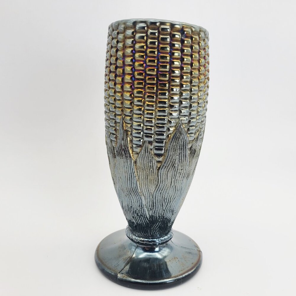Northwood Dark Amethyst Black Carnival Glass Corn Vase Stalk Base Vintage 6.25"